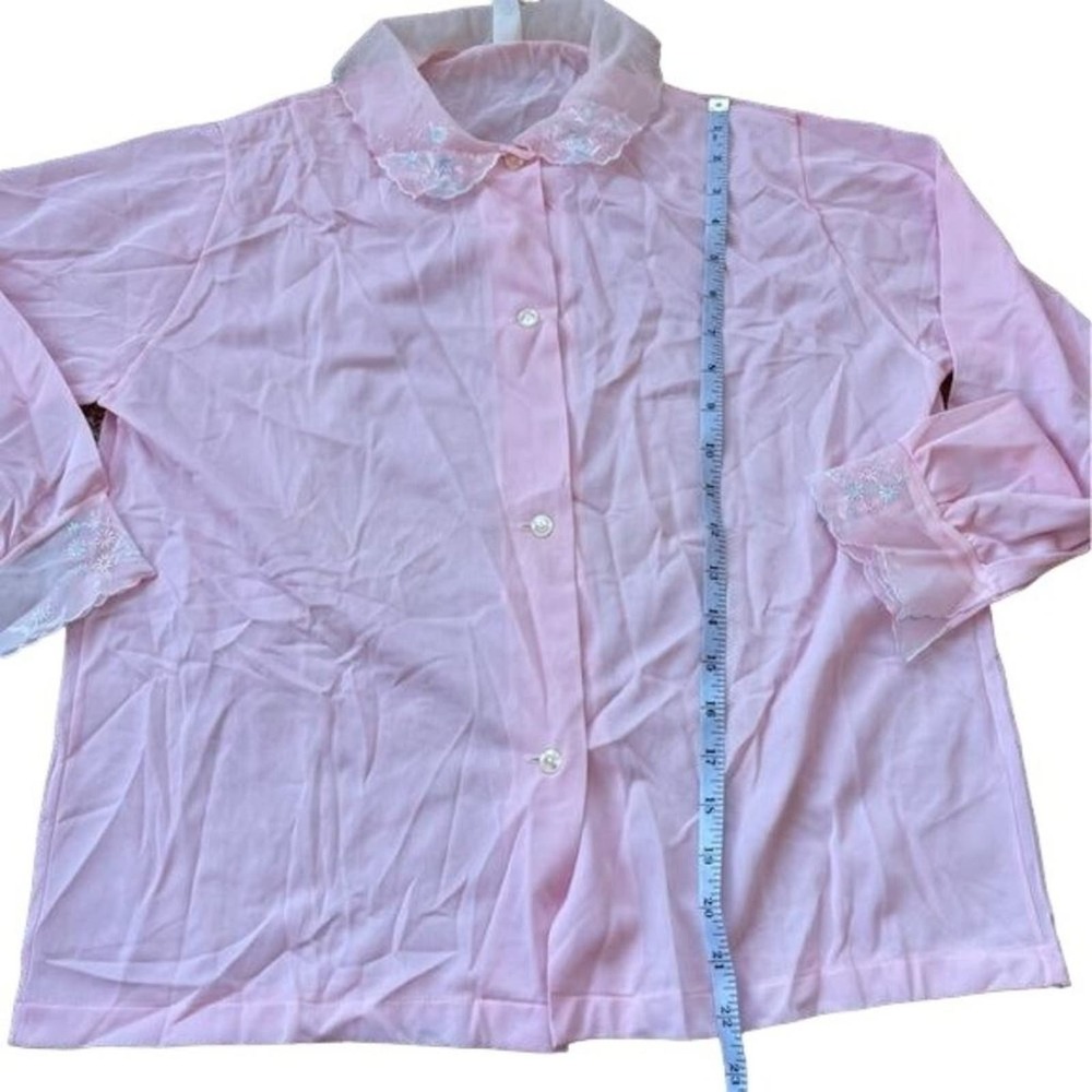 Vintage 60s Blouse Sleep Shirt Blush Pink Nylon Semi Sheer Top Floral Hems Sz 36 - Picture 10 of 11